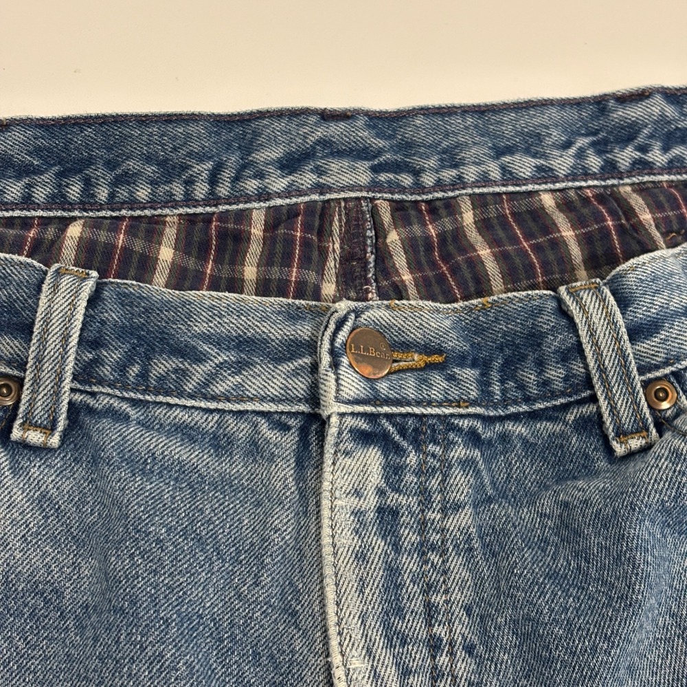LL Bean Double L Straight Leg Fit Blue Jeans Men 37W x 29L Red Plaid Distressed
